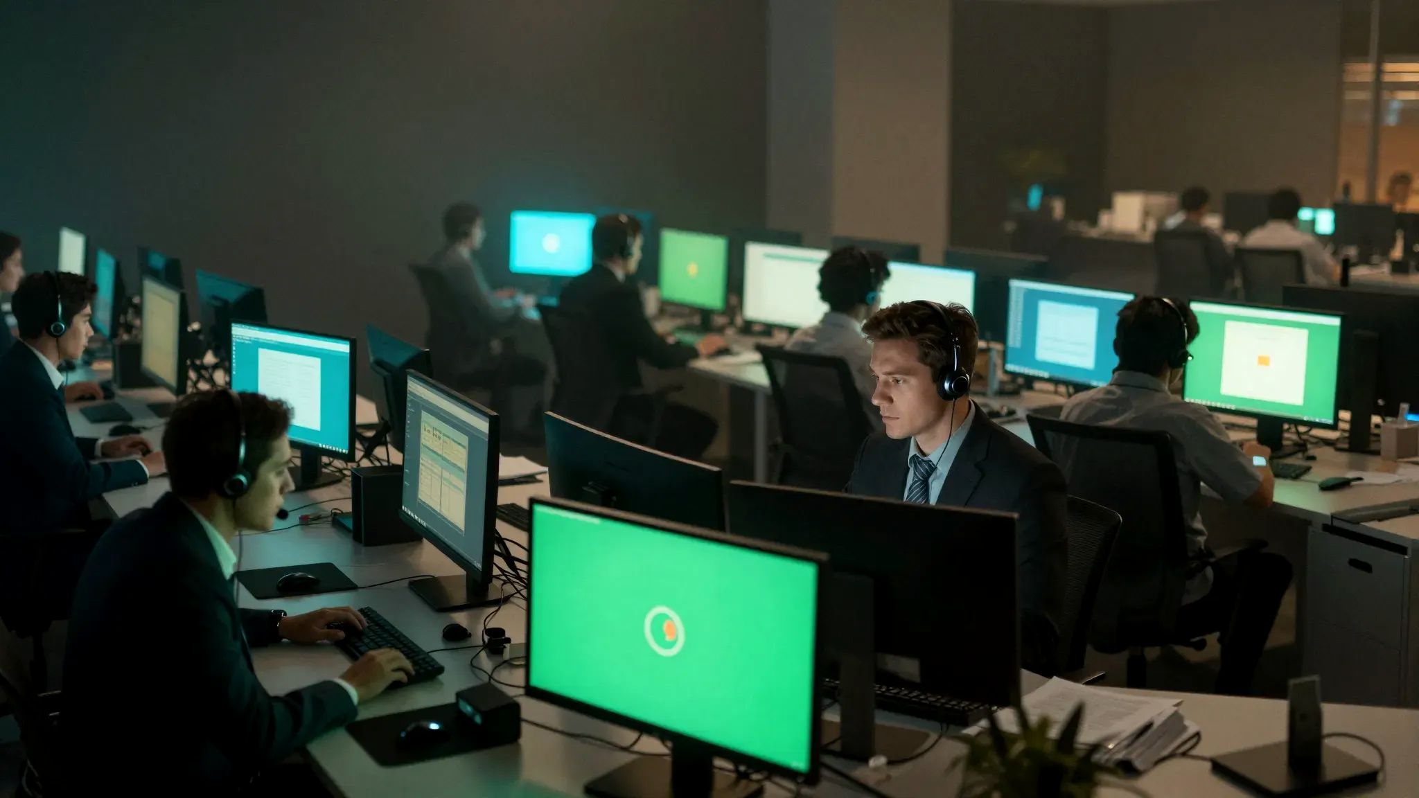 A dark sales floor at night, agents in headsets working rows of glowing monitors